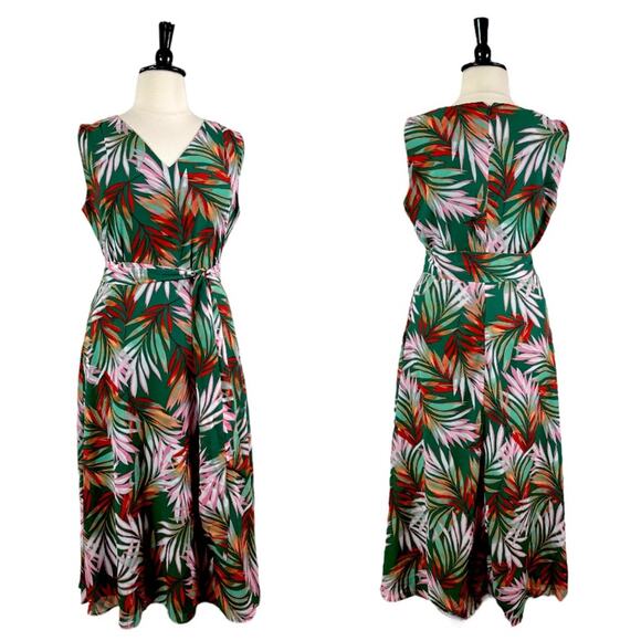 Tahari Maxi Dress V-neck Tie Waist Chiffon Green Tropical Leaf Women’s Size 16 - Picture 13 of 13